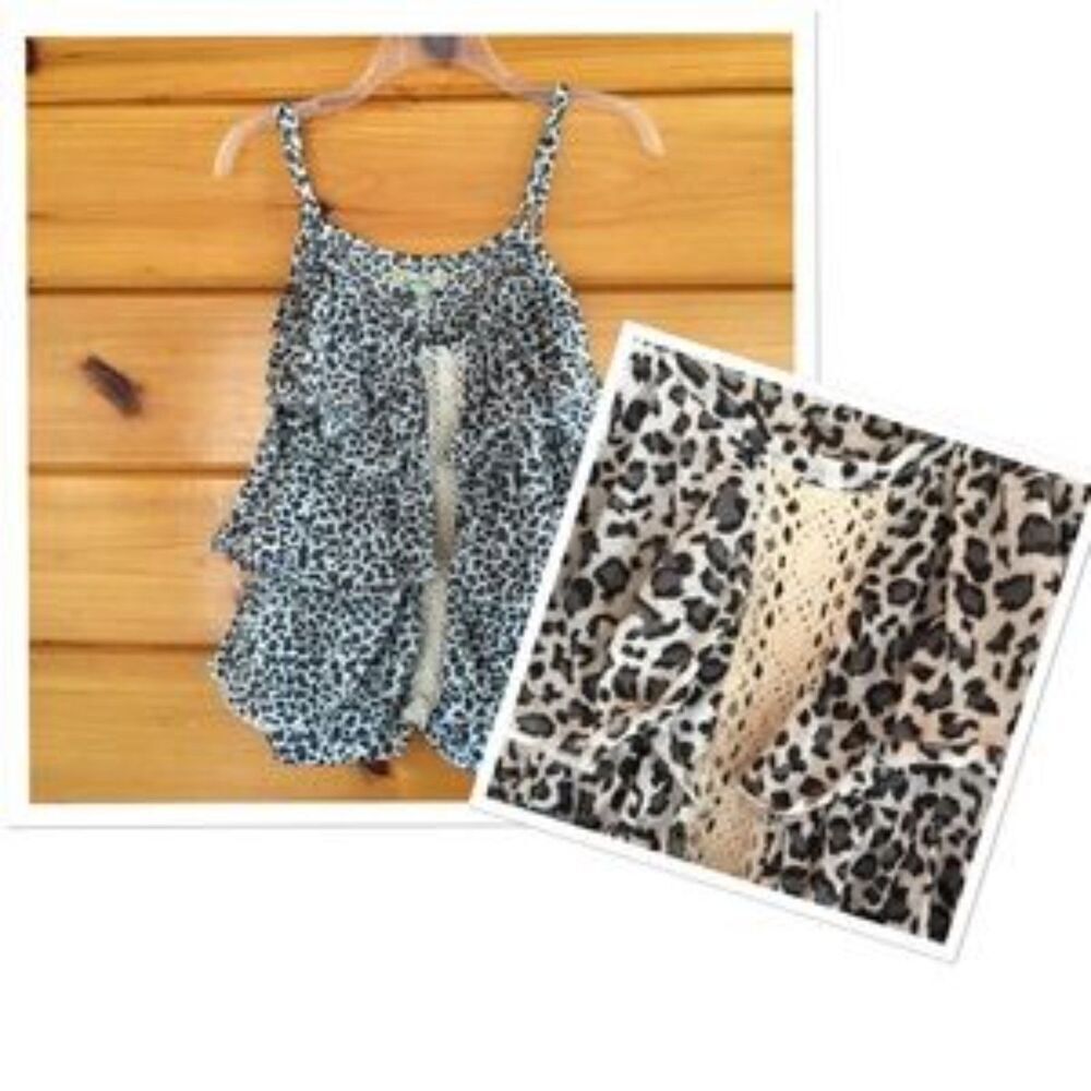 Gorgeous Layered Blouse Animal Print Ruffled Crochet Tank Top Sleeveless L